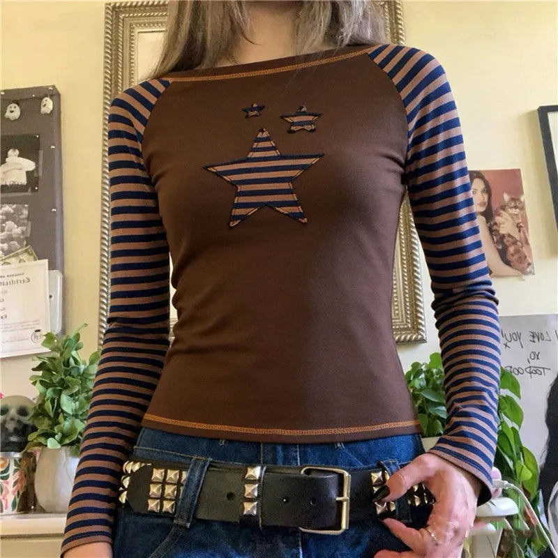 Vintage Star Raglan Crop Top Ladies Boat Neck Striped Long Sleeve Slim Ribbed Tee Y2K Grunge Street Fashion Short Top