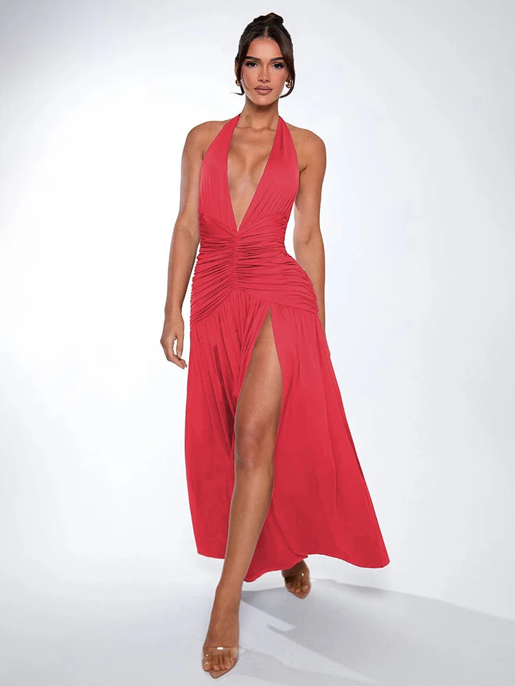 Deep V-Neck Dress Woman Patchwork Ruffles Summer Backless Splits Halter Elegant Solid Party Coquette Sexy Vestidos