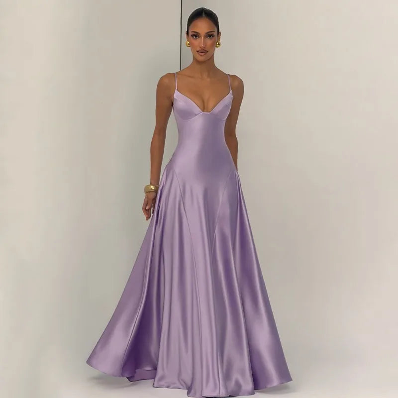 Spaghetti Strap Deep V Neck Backless Maxi Dress Satin Purple Party Dresses Woman Elegant Luxury Ball Gowns
