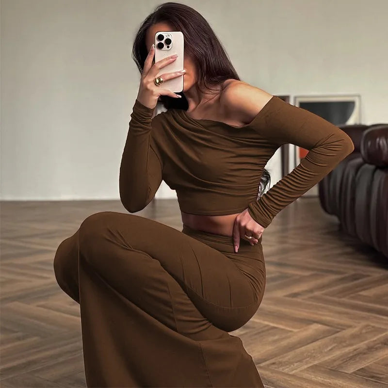 Brown Two Piece Set One Shoulder Long Sleeve Top and Maxi Skirt Sexy Classy Outfit Woman Fall Fashion