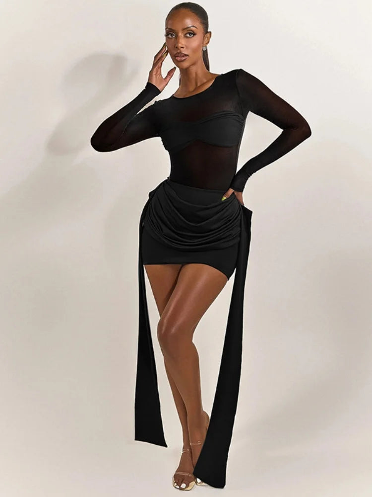 Mesh Splicing Long Sleeve Draped Mini Dress Green Black Club Dresses Sexy Fall Clothes Woman 2025