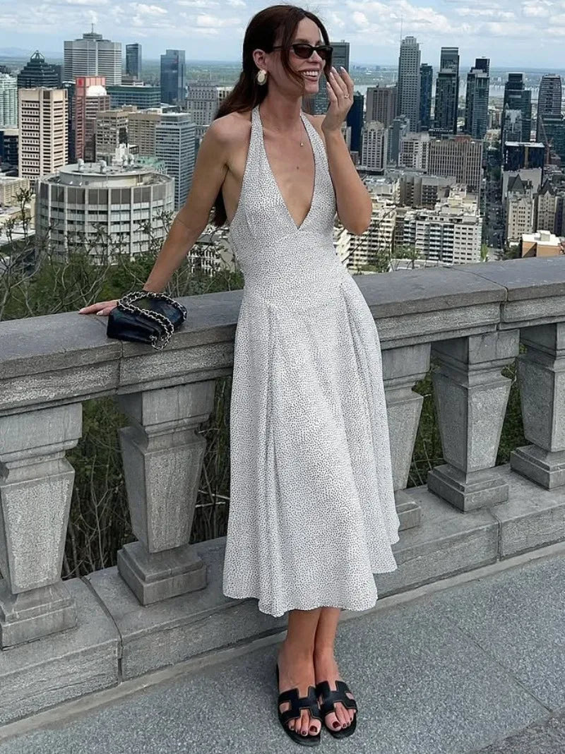 Polka Dot White Elegant Dresses French Style Deep V Neck Backless Long Dresses for Woman Clothing