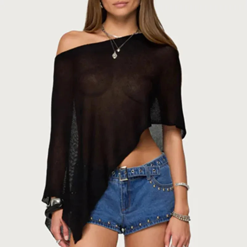 Boho Beach Vacation Pullovers Tees Summer Irregular Knitted Cover-ups Crop Tops Y2k Aesthetic Vintage Smocked T-shirt