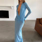 Autumn New Trend Casual Elegant Long Dress Woman Deep V-Neck Full Sleeve Ruched Shape Waist Daily Simple Style Vestidos