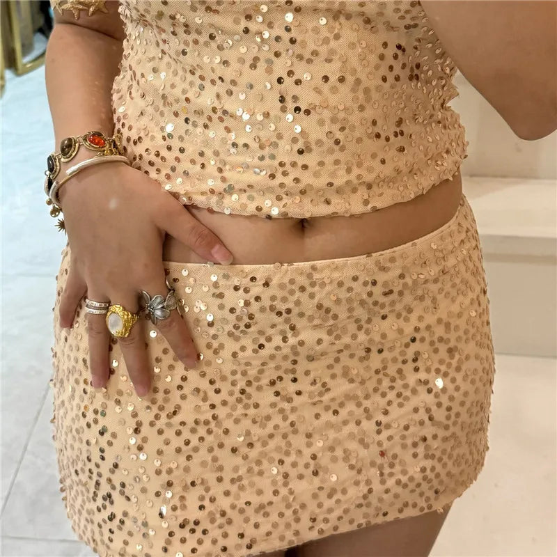 Women Y2K Sparkly Sequin Mini Skirt Side Tie-up Low Waist Pencil Skirt Glitter Festival Rave Short Skirts Party Clubwear