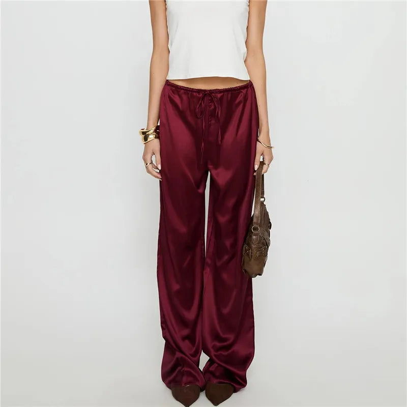 Women's Satin Silk Solid Color Pants Elegant Elastic Drawstring Waist Loose Fit Trousers for All Seasons Y2K Streetwear