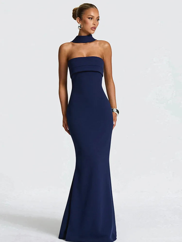 Off-shoulder Strapless Sexy Maxi Dress Women Gown Scarf Collar Sleeveless Backless Bodycon Club Party Evening Dresses