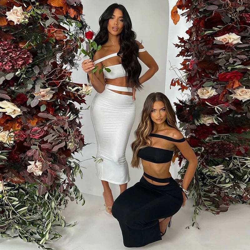 Sexy 2pcs Set Women Matching Sets Off Shoulder Crop Top and Long Skirt White Black Dress Party Club Outfits