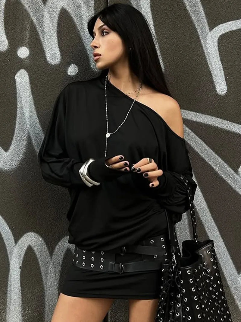 Off The Shoulder Long Sleeve Mini Dress Autumn 2025 Fashion Casual Black Dresses for Woman Clothes