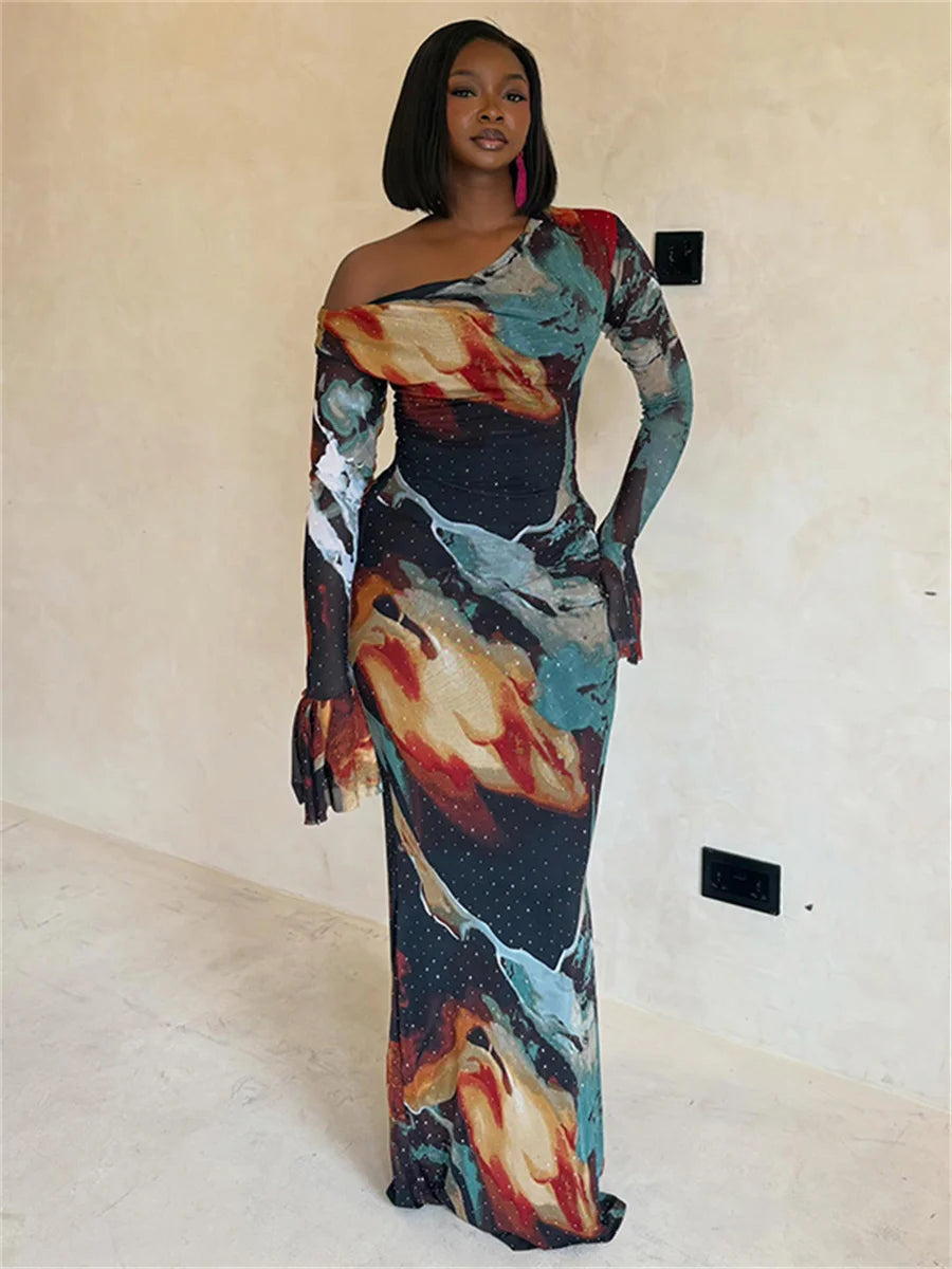 Colorful Print Dress Women Fashion Trend Skew Collar Puff Sleeve Stretch Elegant Vacation Party Club Long Bodycon