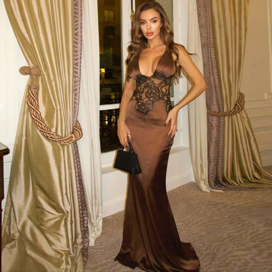 Lace and Satin Elegant Evening Dresses for Woman Party Clothing Sexy Deep V Neck Backless Maxi Dress