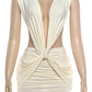 Sexy Deep V-Neck Dress Women Cross Ruched Backless Sleeveless Hollow Patchwork Peach Hip Stretch Slim Party Bodycon