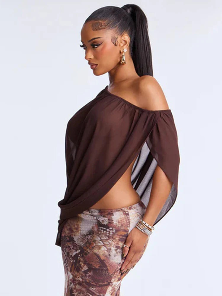 Wild Crop Top Women Sexy Diagonal Collar Mesh Irregular Two-Wear Split Elegant Beach Vacation Stretch Street Clubwear