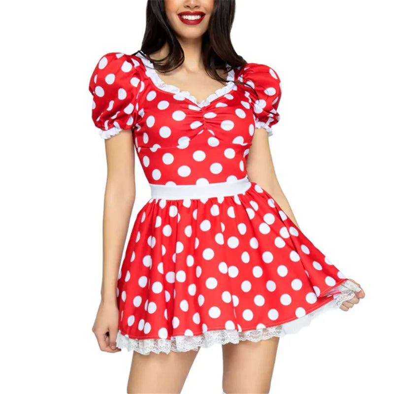 Women Polka Dot Fancy Dress Red Puff Sleeve Lace Edge Mini Dress Back Bow Carnival Party Cosplay Costume