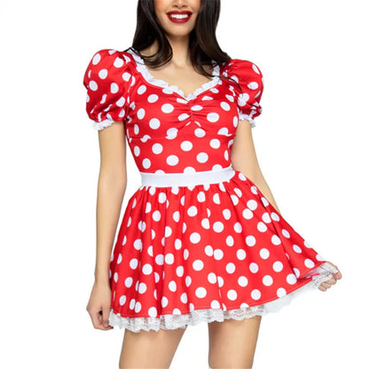 Women Polka Dot Fancy Dress Red Puff Sleeve Lace Edge Mini Dress Back Bow Carnival Party Cosplay Costume