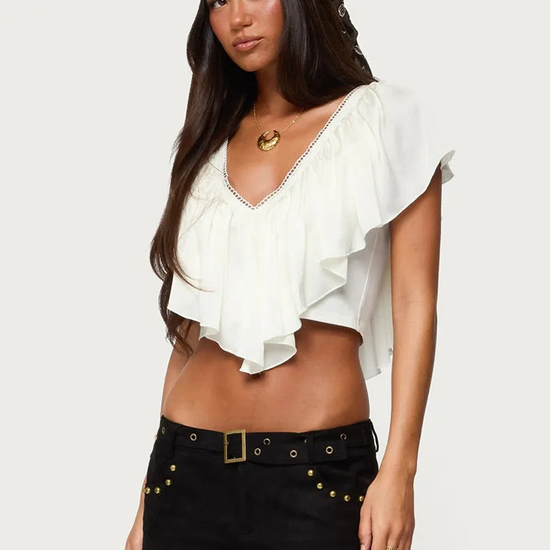 Fashion Women's Ruffled Crop Tops Fashionable Solid Color Lace Trim Tie Back V Neck Blouse Tank Top Summer Streetwear