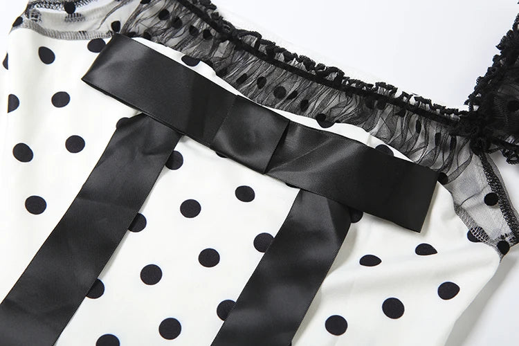 Bow Tassels Dress Women Polka Dot Print Patchwork Mesh Puff Sleeves Skinny Sexy Midnight Street Low-Neck Mini Bodycon