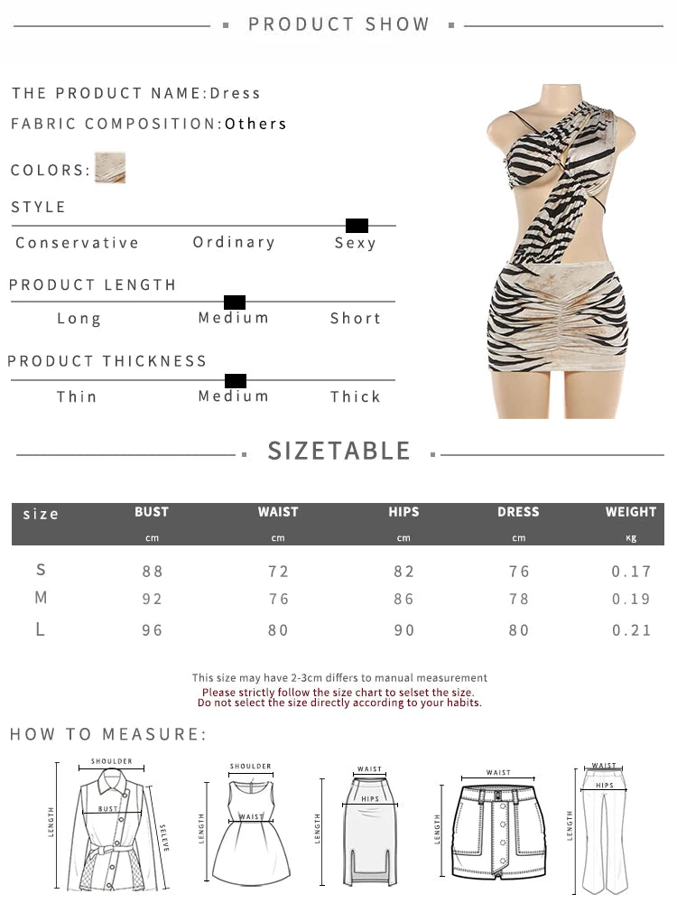 Tiger Stripe Print Mini Dress Woman Irregular Hollow Skew Collar Backless Sleeveless High Street Wild Style Bodycon