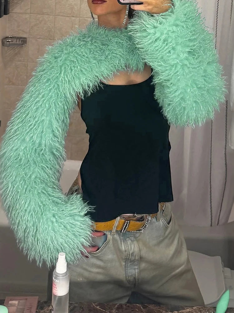 Fashion Furs Crop Tops Women Sexy Hottie O-Neck Full Sleeve Elegant Street Party Clubwear Autumn Simple Chic Outfits