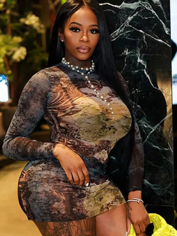 Peach Hip Sexy See Through Mini Dress Woman Colorful Print o-Neck Full Sleeve Skinny Midnight Fashion Club Party Bodycon