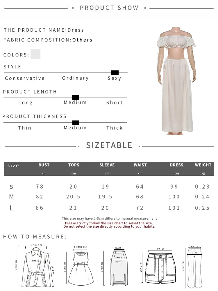 Bandage Elegant 2-Piece Set Women Slash Neck Puff Sleeve t-Shirt+Elastic Waist Long Simple Skirt Vacation Sweet Suit