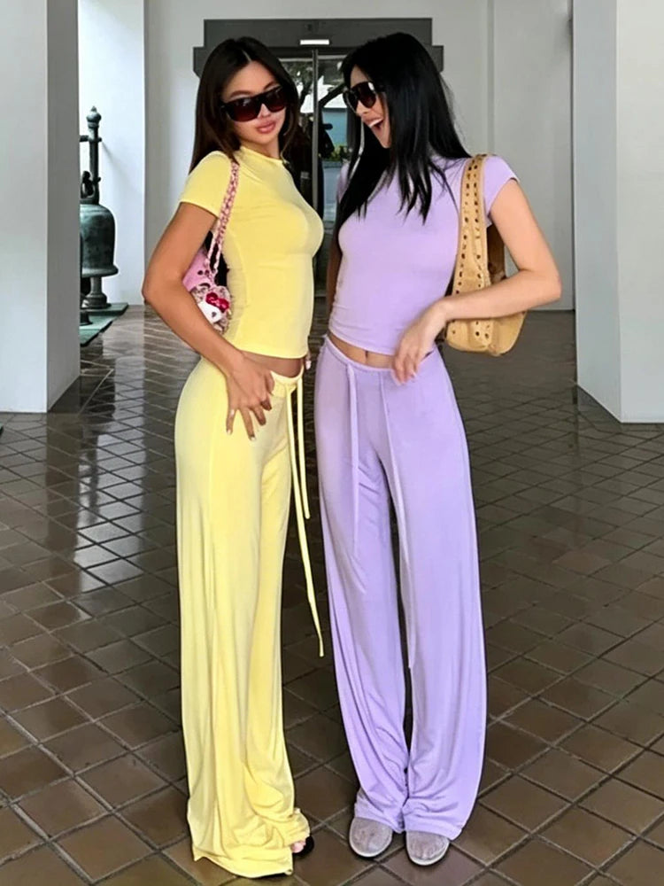 Casual Simple Style 2 Piece Set Woman Summer Trend o-Neck Short Sleeve T-Shirts+Drawstring Straight Pants Streetwear