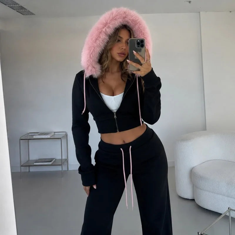 Black Two Piece Set Woman Fall Outfit Y2k Clothes 2000s Tracksuit Fluffy Faux-fur Hoodie and Flared Pants