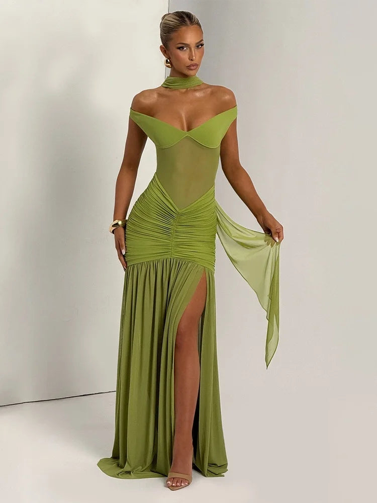 Off Shoulder Backless Split Pleated Maxi Dress See Through Mesh Elegant Party Dresses Woman Sexy Outfits