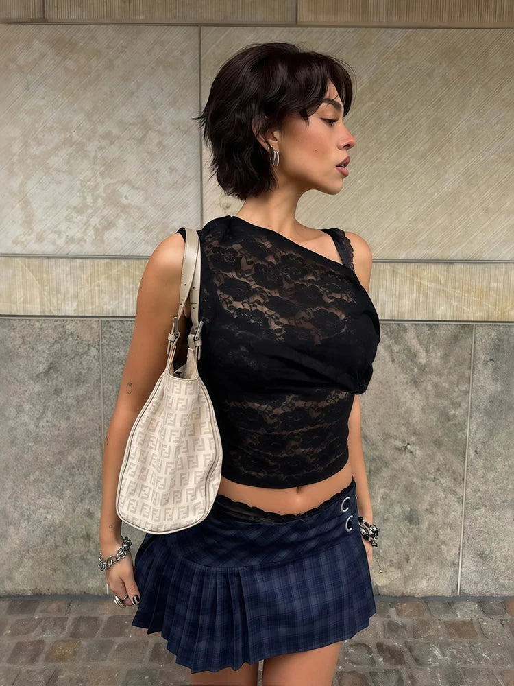 Sexy Off Shoulder Crop Tops Woman Summer Trend Lace Patchwork Skew Collar Shape Waist High Street Fashion Style Tees