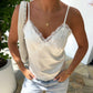 Women Satin Lace Trim Cami Top V Neck Spaghetti Strap Bow Detail Camisole Y2K Coquette Aesthetic Summer Street Tank Top