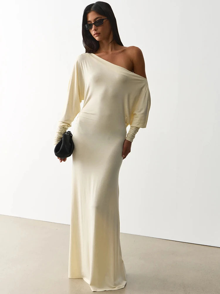Women Elegant Off Shoulder Sexy Maxi Dress Batwing Long Sleeve Ruched Bodycon Dress Evening Party Wedding Guest Dress