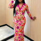 Art Print Maxi Dress Women Polo Collar Full Sleeve Skinny High Elasticity Autumn Fashion Prom Party Chic Vestidos