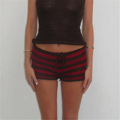 Drawstring Knit Crochet Shorts Women Summer Low Waist Stripes Print Booty Shorts Grunge Stretchy Shorts HolidayBeachwear