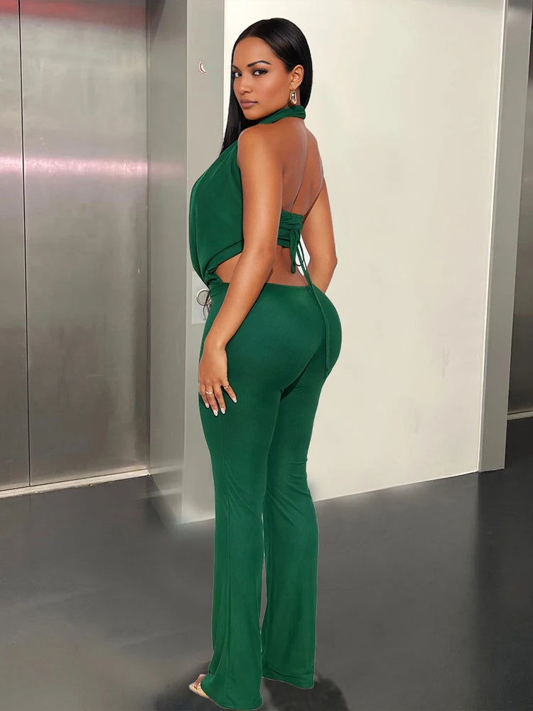Backless Women Jumpsuit+Bra Tops Sexy Swing Collar Hollow Midnight Workout Clubwear Simple Stretch Skinny Overalls