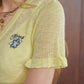 Women's V-Neck Button Front Knit Top with Floral Embroidery, Ruffled Hem Short Sleeve Knitwear, Cute Casual Slim Fit Top