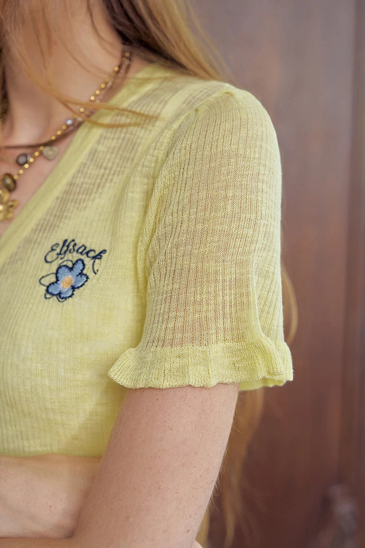 Women's V-Neck Button Front Knit Top with Floral Embroidery, Ruffled Hem Short Sleeve Knitwear, Cute Casual Slim Fit Top