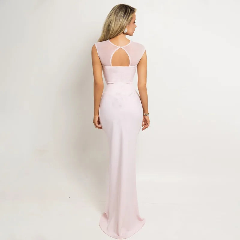 Sheer Mesh Patchwork Fishtail Maxi Dress Pink Black Party Dresses Woman Elegant Luxury Ball Gowns