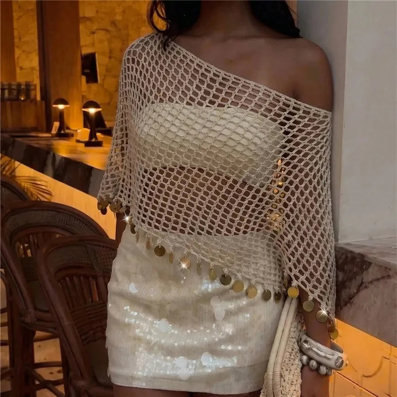 Summer Hollow Knit Coin Tassel Crop Poncho Women Off Shoulder Beach Bikini Cover Up Bohemian Vacation Layering Cape