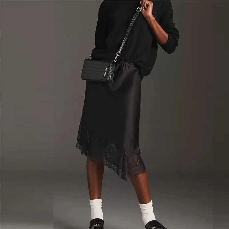 Women Lace Satin Midi Skirt Y2K Lace Trim Silk Half Slip Skirt High Waist A Line Long Underskirt Going Out Streetwear