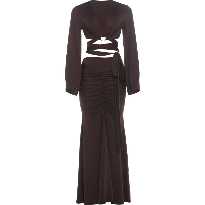 Fashion 2 Piece Set Women Sexy Cross Bandages Metal Ring Patchwork Puff Sleeve T-Shirt+Ruched Skirts Trend Party Suit