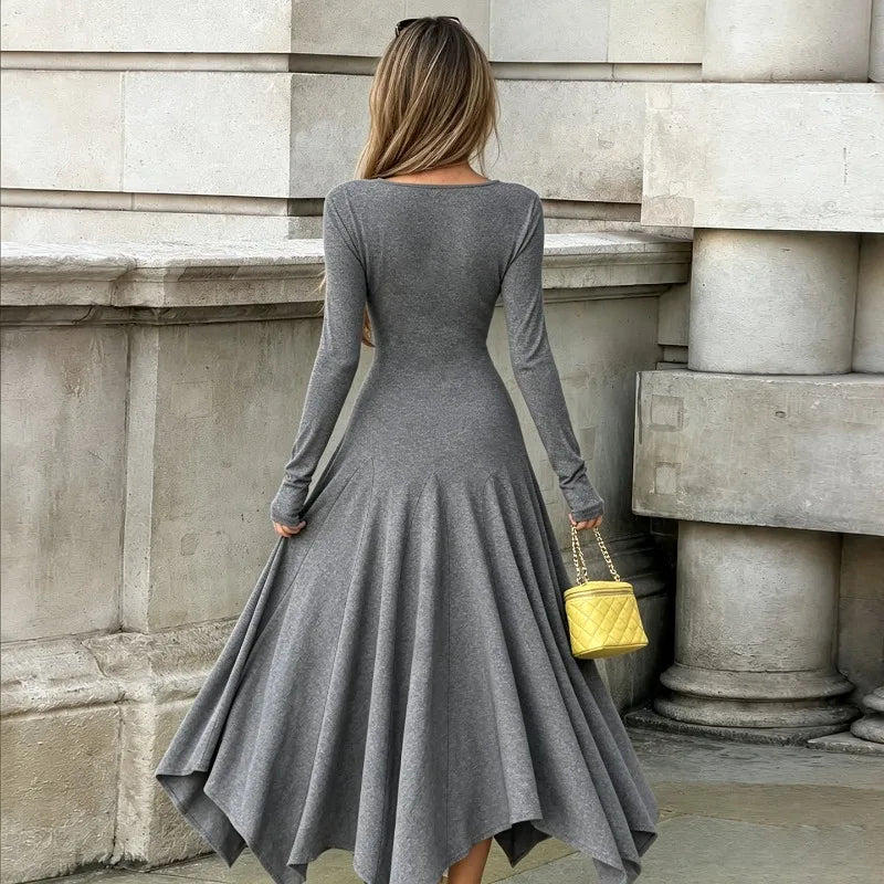 Gray Long Sleeve V Neck Maxi Dress with Asymmetric Handkerchief Hem Elegant Fall Winter Dresses for Woman