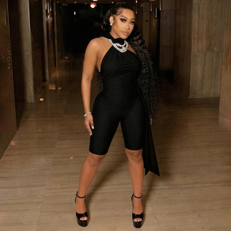 Backless Halter Satin Romper Women Fashion Trend Metal Ring Patchwork Ribbon Knot Sleeveless Sexy Street Clubwear