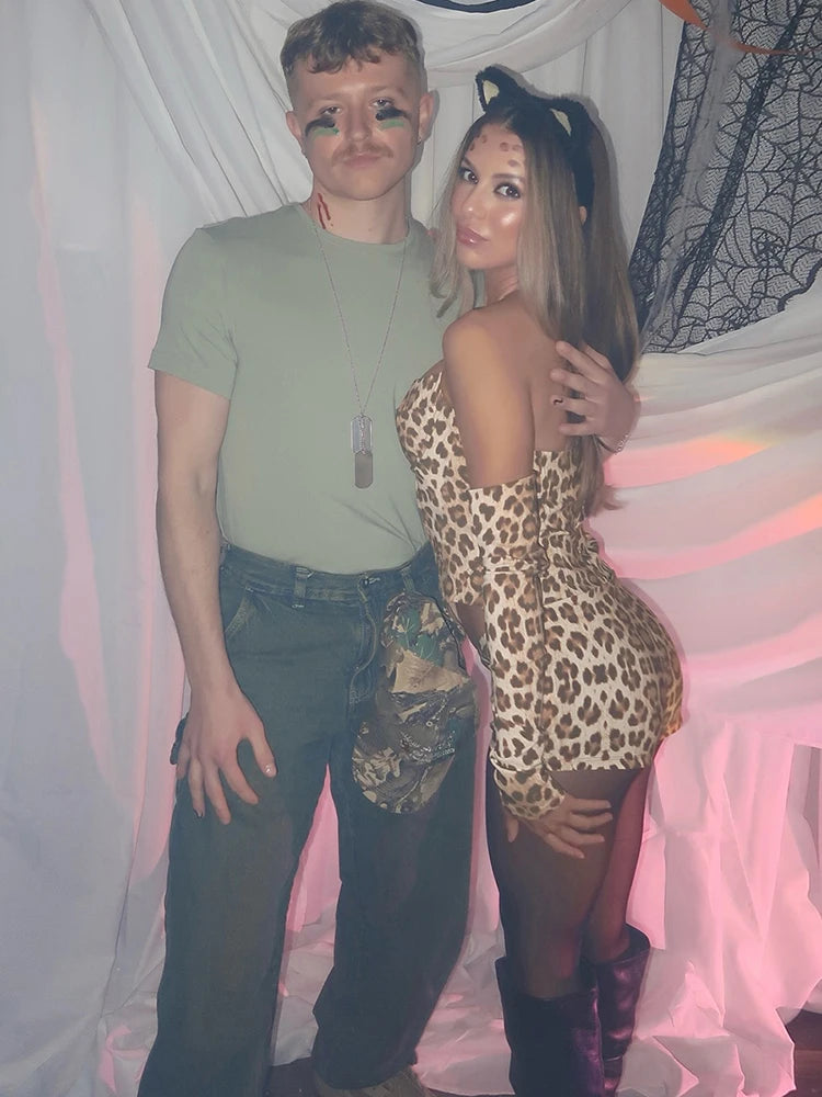 Leopard Print 3-Piece Set Women Arm Sleeve+Low-Neck Halter Bandage Backless Irregular Hem Vests+Simple Shorts Sexy Suits