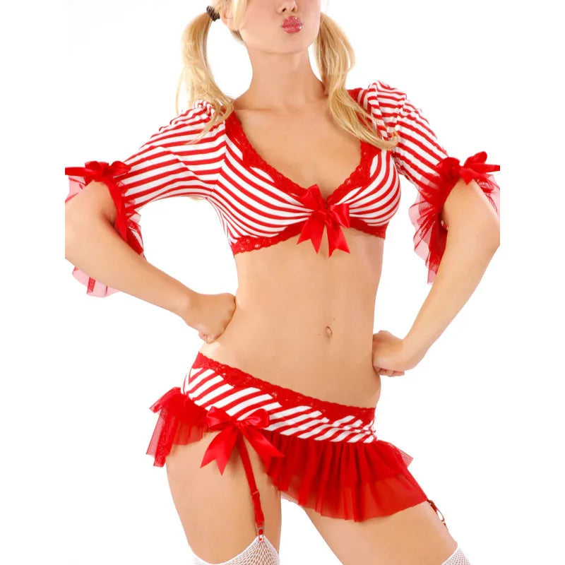 Women's Striped Candy Girl Christmas Cosplay Costume 3 4 Sleeve Lace Bow Crop Top Ruffle Mini Skirt Party Fancy Dress