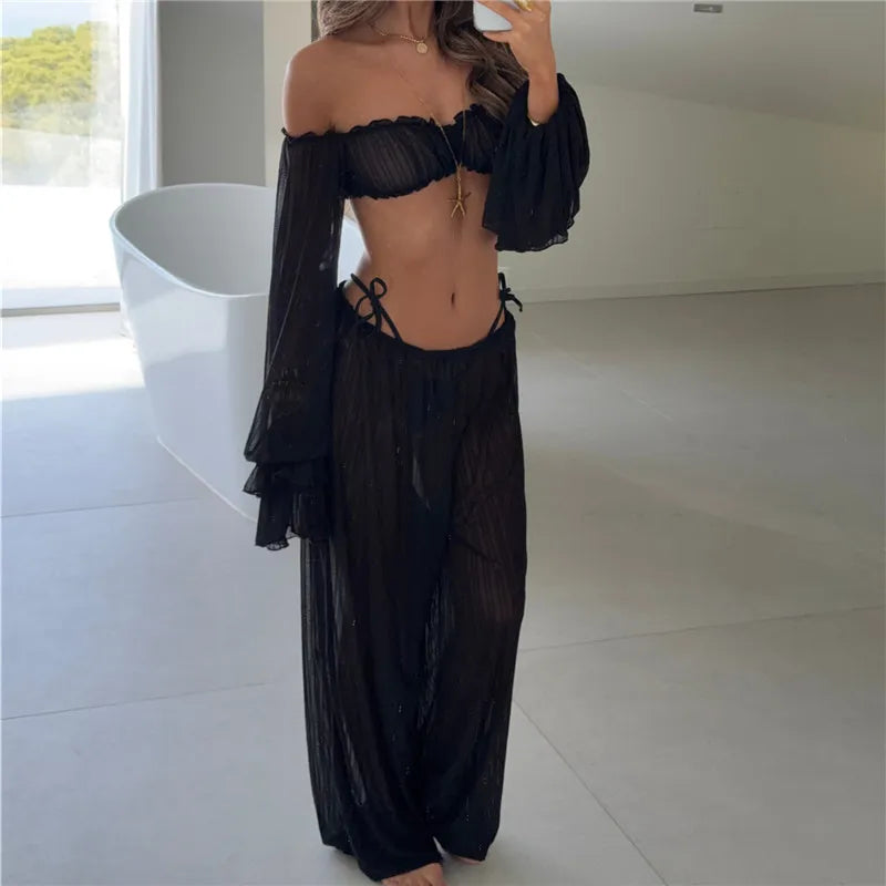 Women Sheer Mesh Beach Two Piece Outfit Off Shoulder Ruffle Flare Sleeve Crop Top Side Tie Wide Leg Pants Summer Coverup