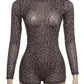 Leopard Print Romper Women See Through Sexy Full Sleeve Turtleneck Fall Fit Skinny Playsuit Stretch Midnight Clubwear