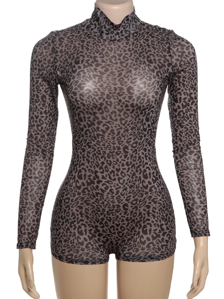 Leopard Print Romper Women See Through Sexy Full Sleeve Turtleneck Fall Fit Skinny Playsuit Stretch Midnight Clubwear