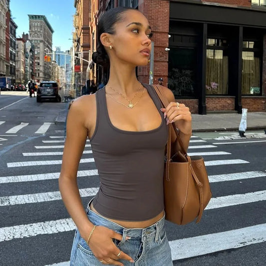 Square Neck Sleeveless Cropped Tops for Woman Summer Clothes Basic Casual Solid Color Tank Top Trending