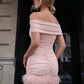 Sexy Furs Patchwork Dress Women Fashion Slash Neck Ruched Peach Buttocks Elegant Chic Evening Party Club Mini Bodycon