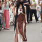 Polka Dot Print Maxi Dress Women Patchwork Lace High Slit v-Neck Sleeveless Street Fashion Party Classic Vestidos